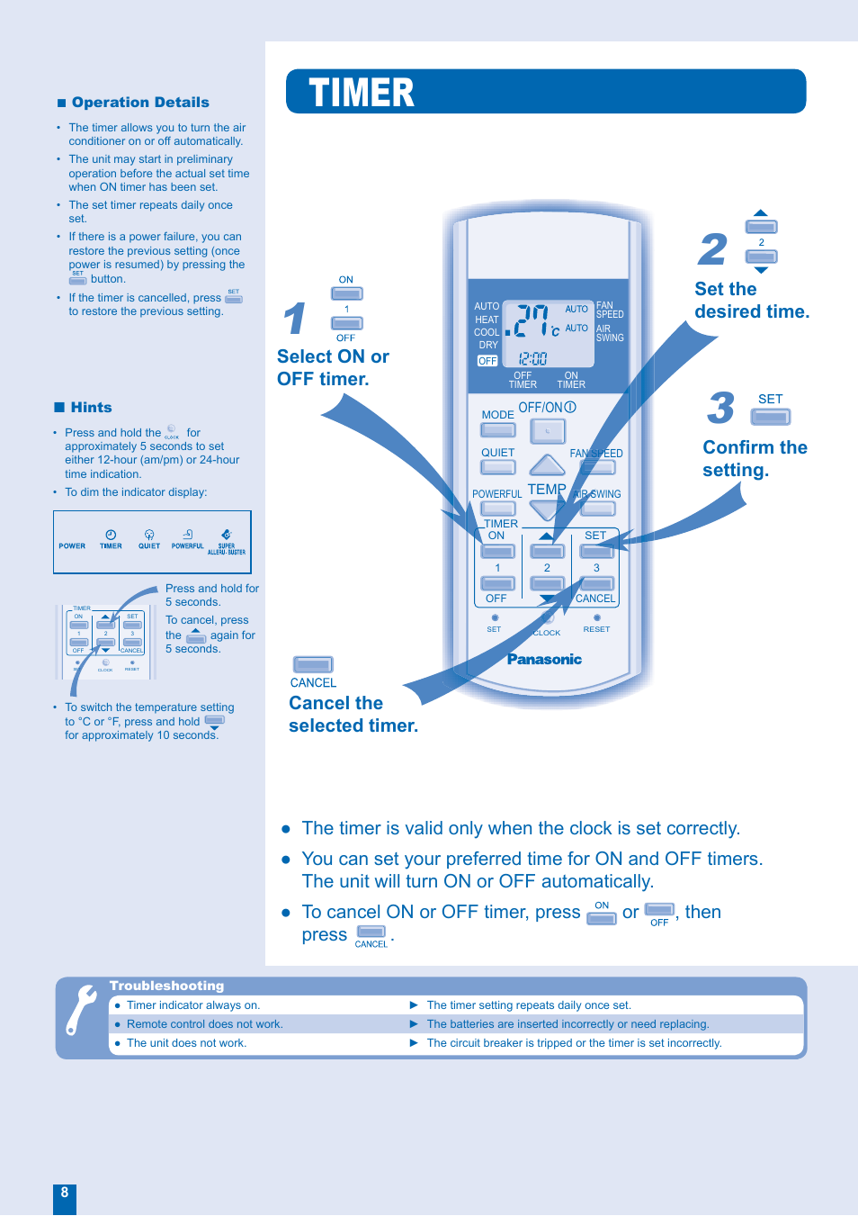 Timer, Set the desired time, Confi rm the setting | Cancel the selected timer, Select on or off timer | Panasonic CU-W12EKR User Manual | Page 8 / 12