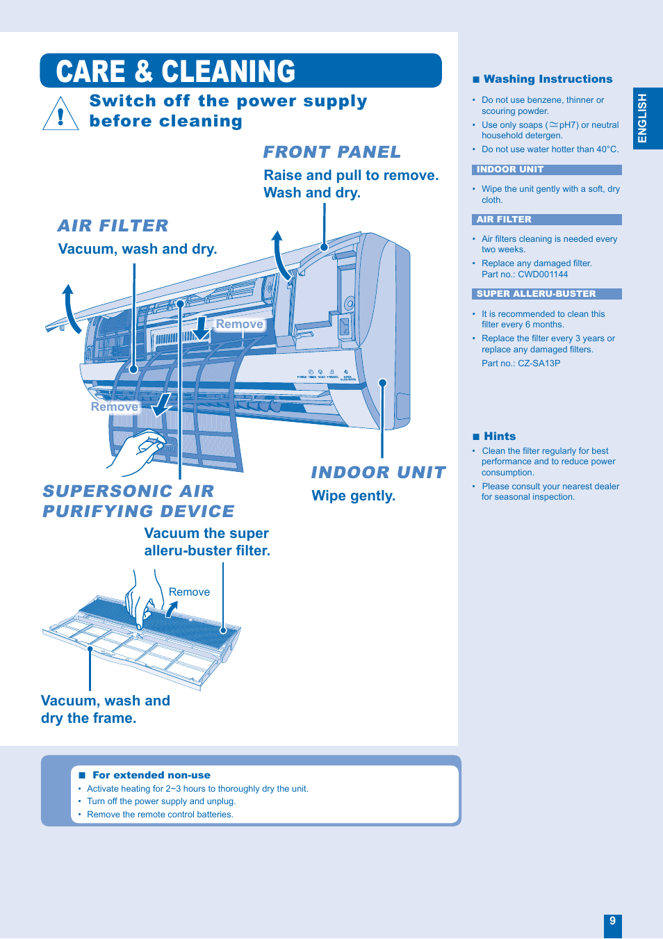 Care & cleaning, Switch off the power supply, Air filter | Front panel | Panasonic CU-W12EKR User Manual | Page 9 / 12