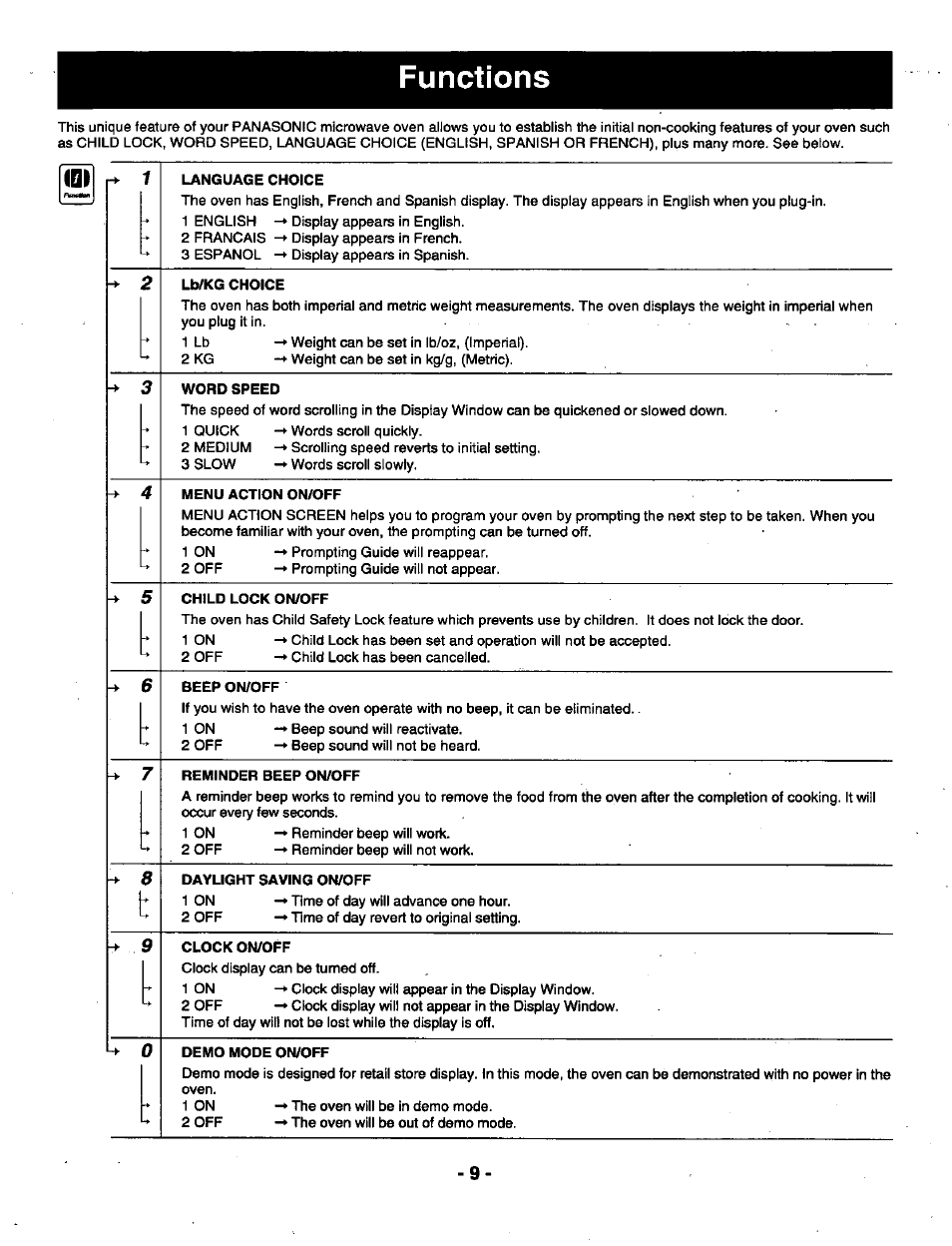 Functions, Language choice, Lb/kg choice | Word speed, Menu action on/off, Child lock on/off, Beep on/off, Reminder beep on/off, Daylight saving on/off, Clock on/off | Panasonic THE GENIUS NN-R687 User Manual | Page 11 / 56