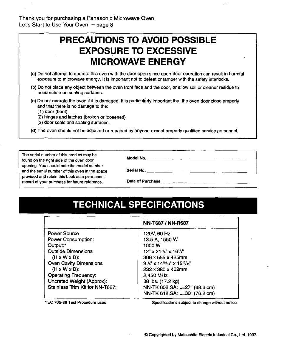 Technical specifications | Panasonic THE GENIUS NN-R687 User Manual | Page 2 / 56