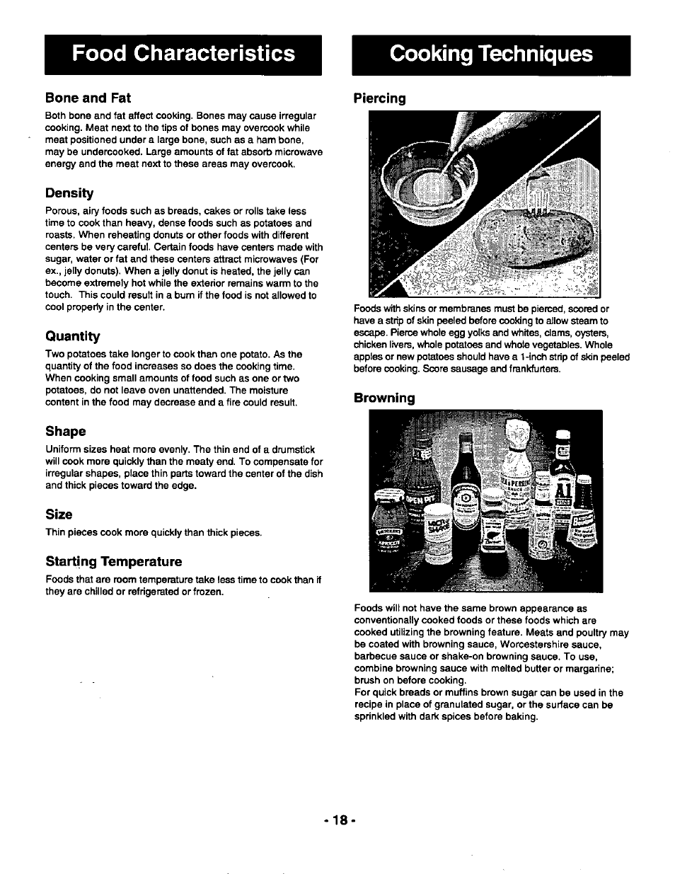 Food characteristics, Cooking techniques, Bone and fat | Density, Quantity, Shape, Size, Starting temperature, Piercing, Browning | Panasonic THE GENIUS NN-R687 User Manual | Page 20 / 56