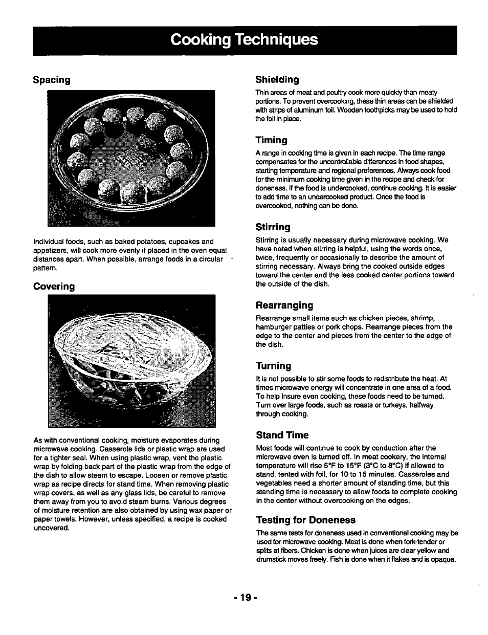 Cooking techniques, Spacing, Covering | Shielding, Timing, Stirring, Rearranging, Turning, Stand time, Testing for doneness | Panasonic THE GENIUS NN-R687 User Manual | Page 21 / 56