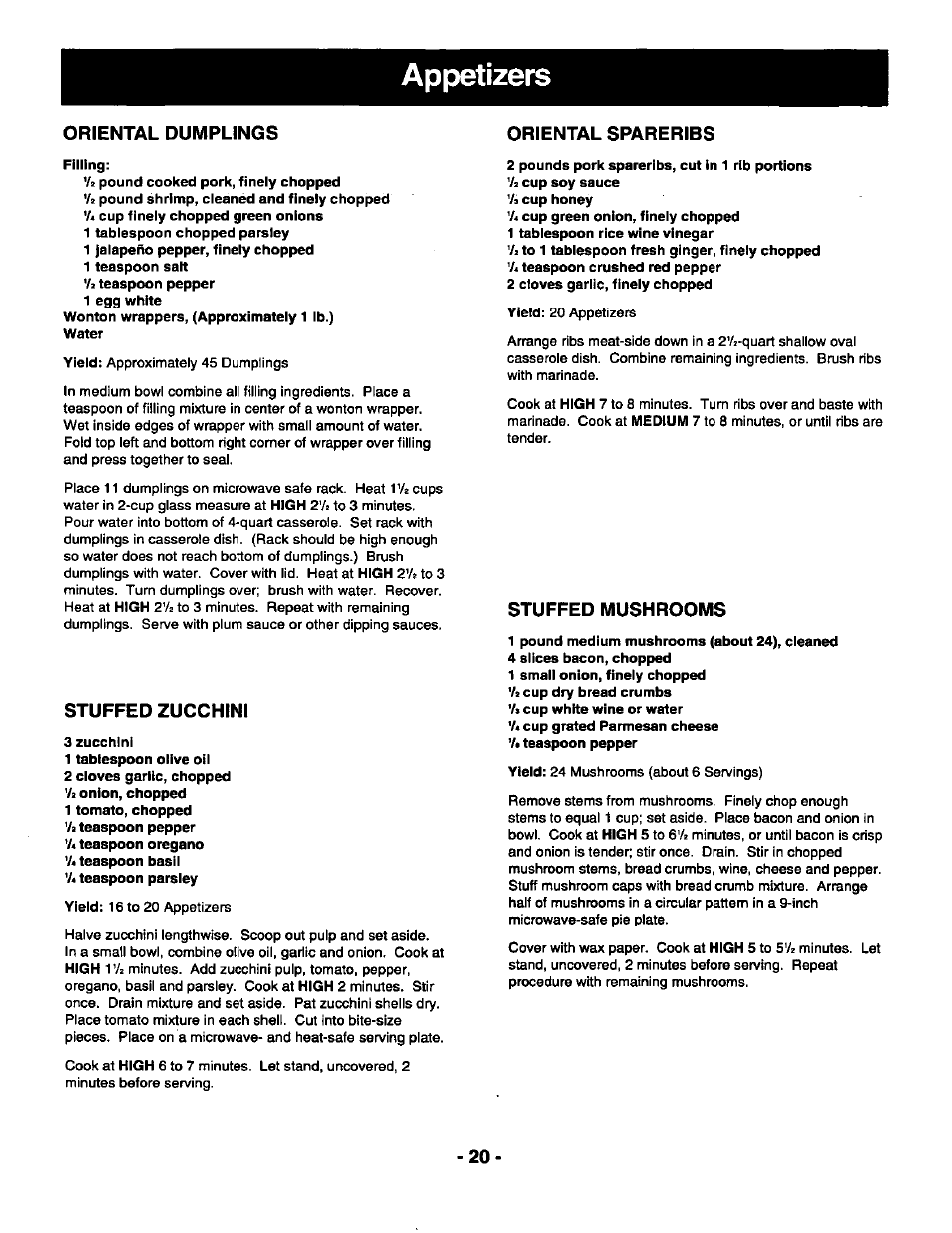 Appetizers, Oriental dumplings, Filling | Stuffed zucchini, 3 zucchini, 1 tablespoon olive oil, 2 cloves garlic, chopped va onion, chopped, Oriental spareribs, 1 tablespoon rice wine vinegar, 2 cloves garlic, finely chopped | Panasonic THE GENIUS NN-R687 User Manual | Page 22 / 56