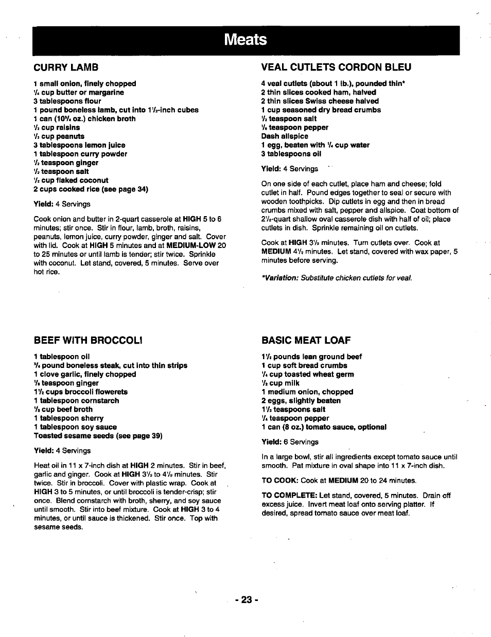 Veal cutlets cordon bleu, Beef with broccoli, Basic meat loaf | Panasonic THE GENIUS NN-R687 User Manual | Page 25 / 56