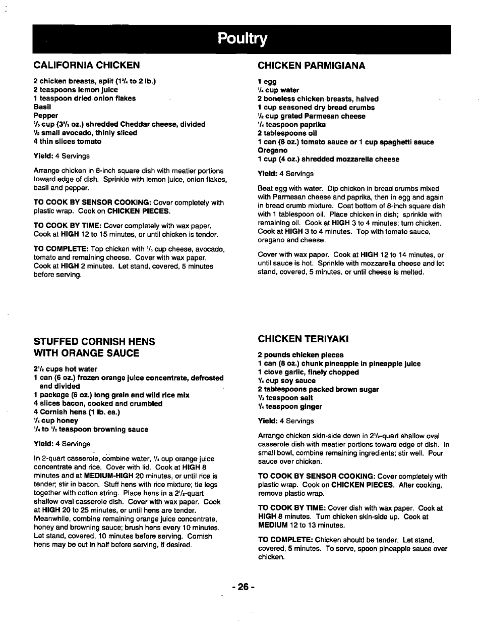 California chicken, Chicken parmigiana, Stuffed cornish hens with orange sauce | Chicken teriyaki, Poultry | Panasonic THE GENIUS NN-R687 User Manual | Page 28 / 56