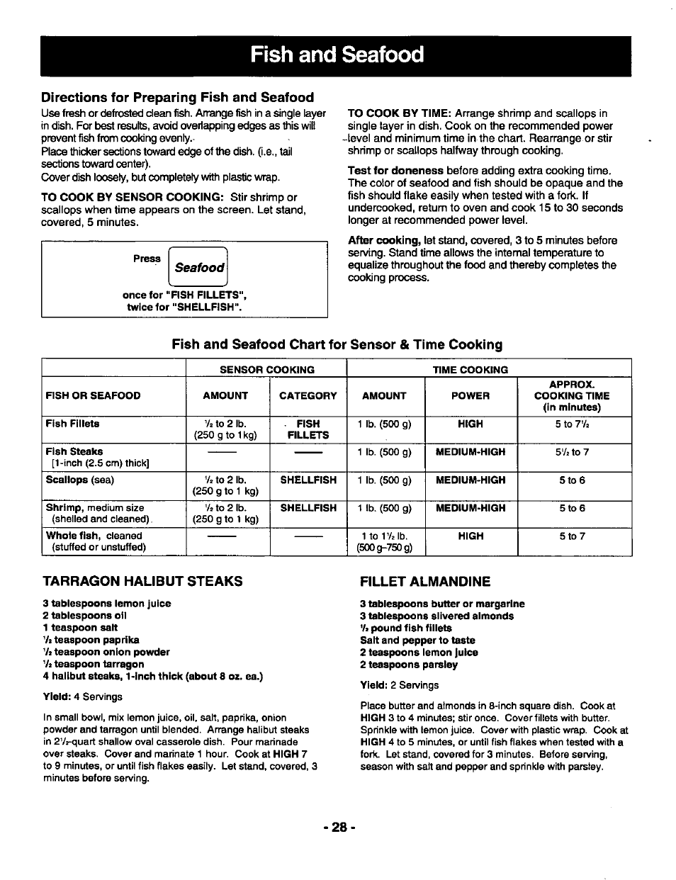 Fish and seafood, Directions for preparing fish and seafood, Fish and seafood chart for sensor & time cooking | Tarragon halibut steaks, Fillet almandine, Fish and seafood 8 - 2 9 | Panasonic THE GENIUS NN-R687 User Manual | Page 30 / 56