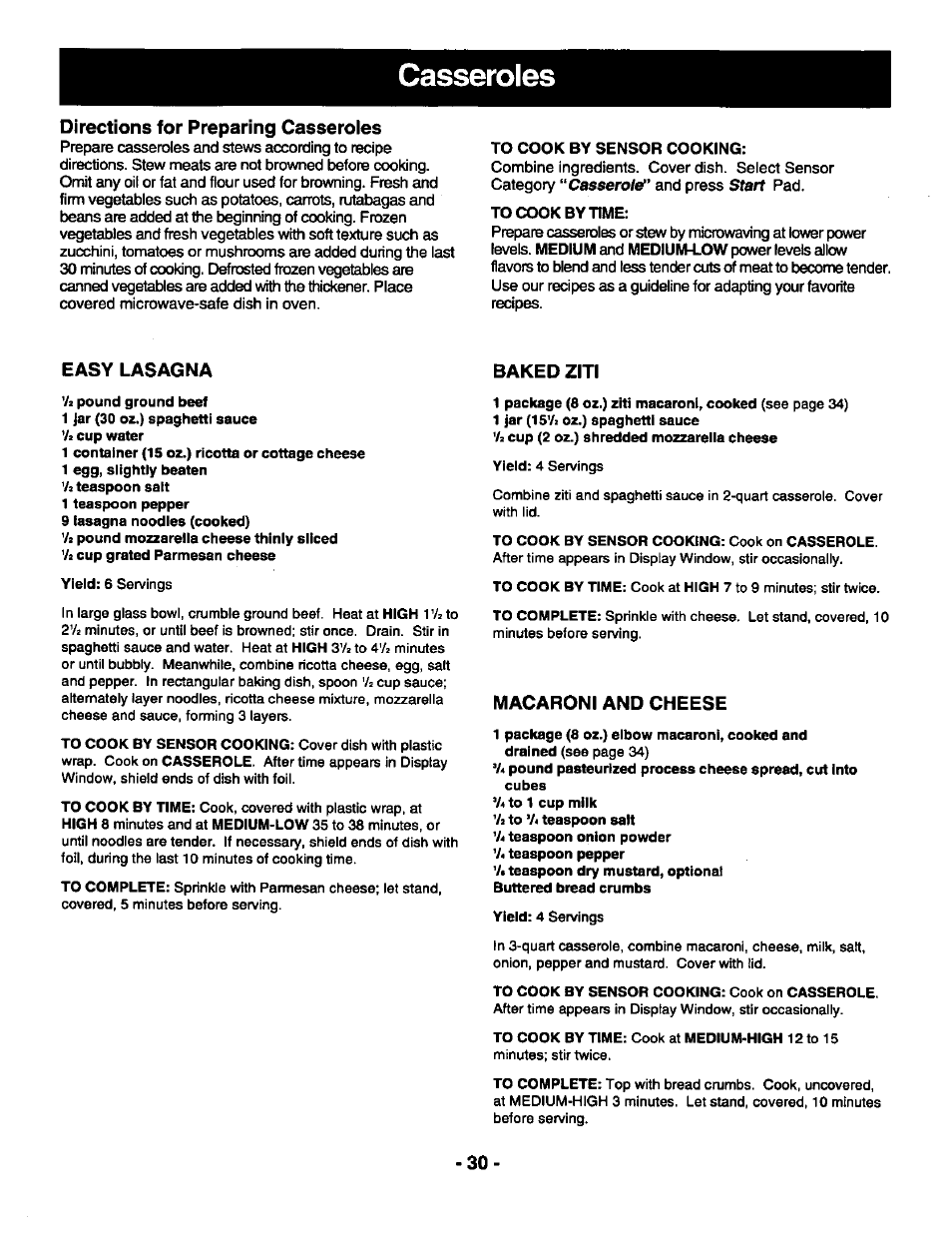 Casseroles, Directions for preparing casseroies, Easy lasagna | Baked ziti, Macaroni and cheese | Panasonic THE GENIUS NN-R687 User Manual | Page 32 / 56