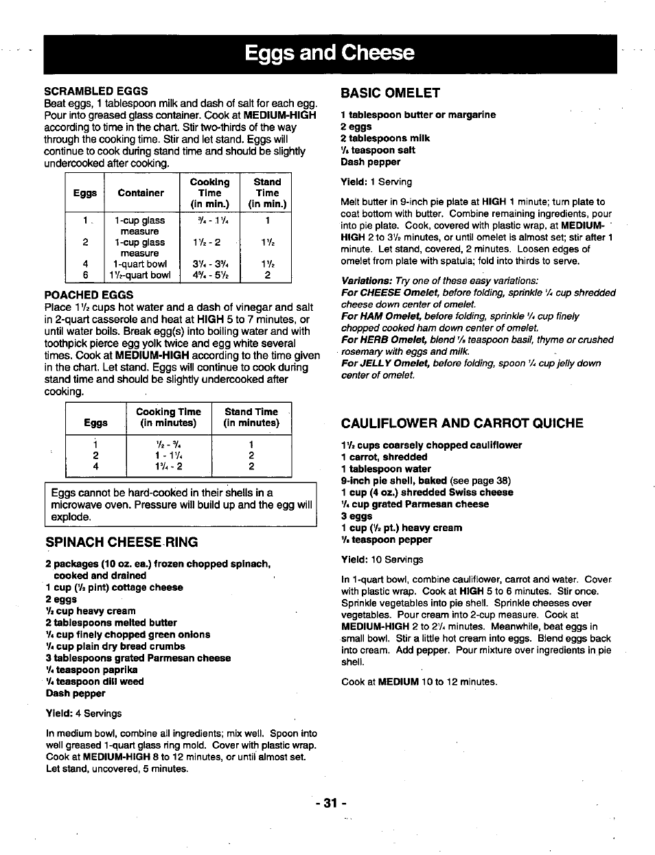 Eggs and cheese, Spinach cheese ring, Basic omelet | Cauliflower and carrot quiche | Panasonic THE GENIUS NN-R687 User Manual | Page 33 / 56