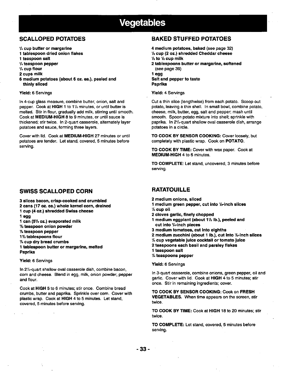 Vegetables, Scalloped potatoes, Baked stuffed potatoes | Swiss scalloped corn, Ratatouille | Panasonic THE GENIUS NN-R687 User Manual | Page 35 / 56
