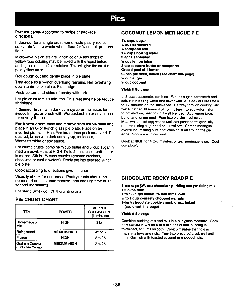 Pie crust chart, Coconut lemon meringue pie, Chocolate rocky road pie | Panasonic THE GENIUS NN-R687 User Manual | Page 40 / 56