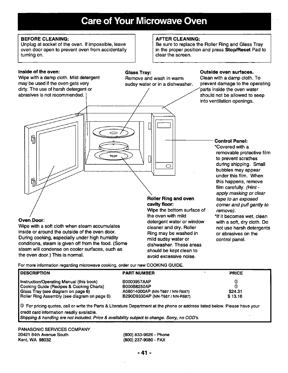 Care of your microwave oven, Before cleaning, After cleaning | Outside oven surfaces, Roller ring and oven cavity floor, Control panel | Panasonic THE GENIUS NN-R687 User Manual | Page 43 / 56