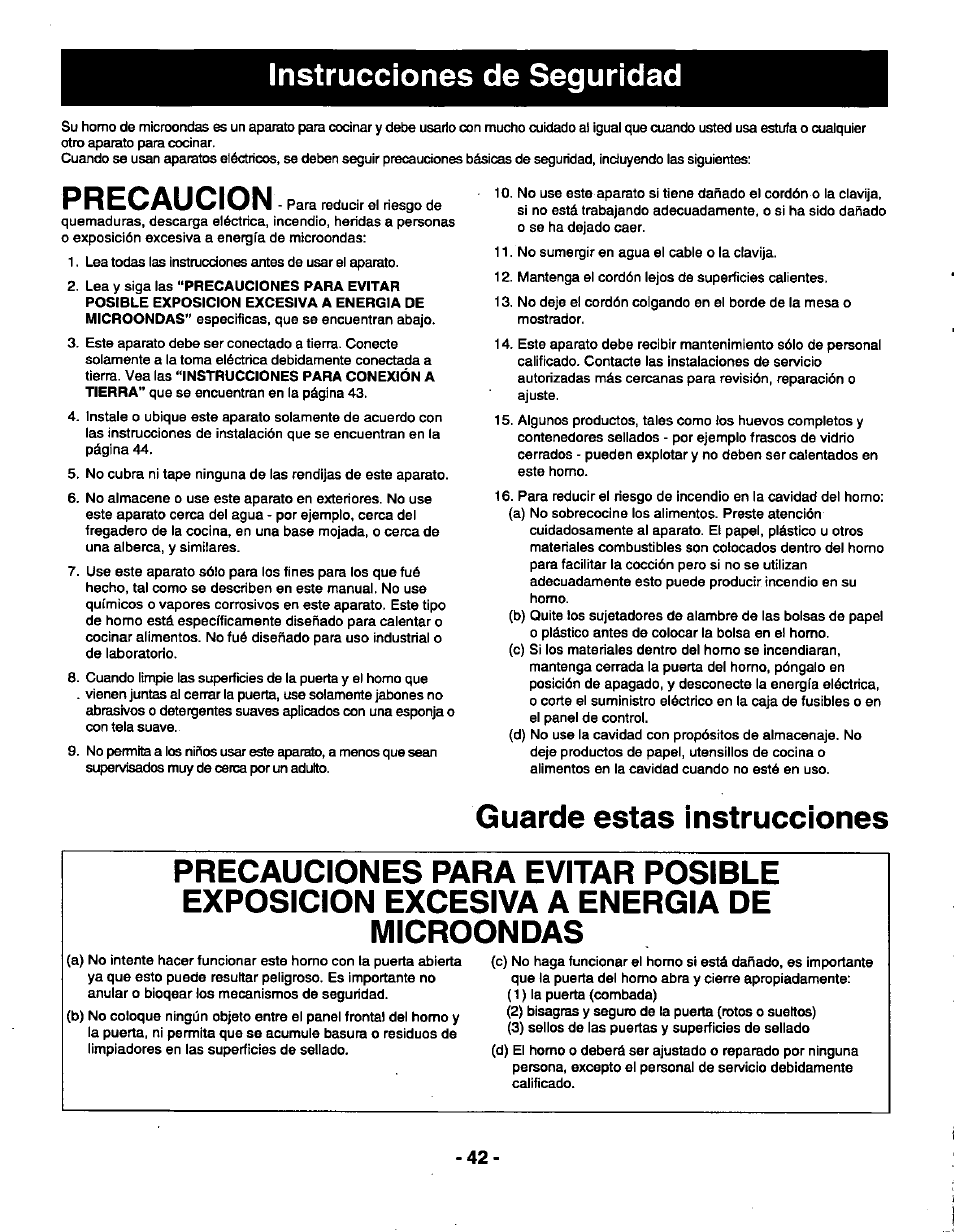 Guarde estas instrucciones, Microondas, Instrucciones de seguridad | Precaucion | Panasonic THE GENIUS NN-R687 User Manual | Page 44 / 56