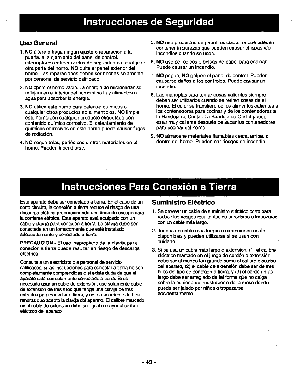 Instrucciones para conexión a tierra, Instrucciones de seguridad, Uso general | Suministro eléctrico | Panasonic THE GENIUS NN-R687 User Manual | Page 45 / 56