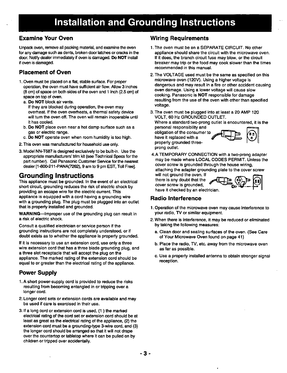 Installation and grounding instructions, Examine your oven, Placement of oven | Power supply, Wiring requirements, Radio interference, Grounding instructions | Panasonic THE GENIUS NN-R687 User Manual | Page 5 / 56