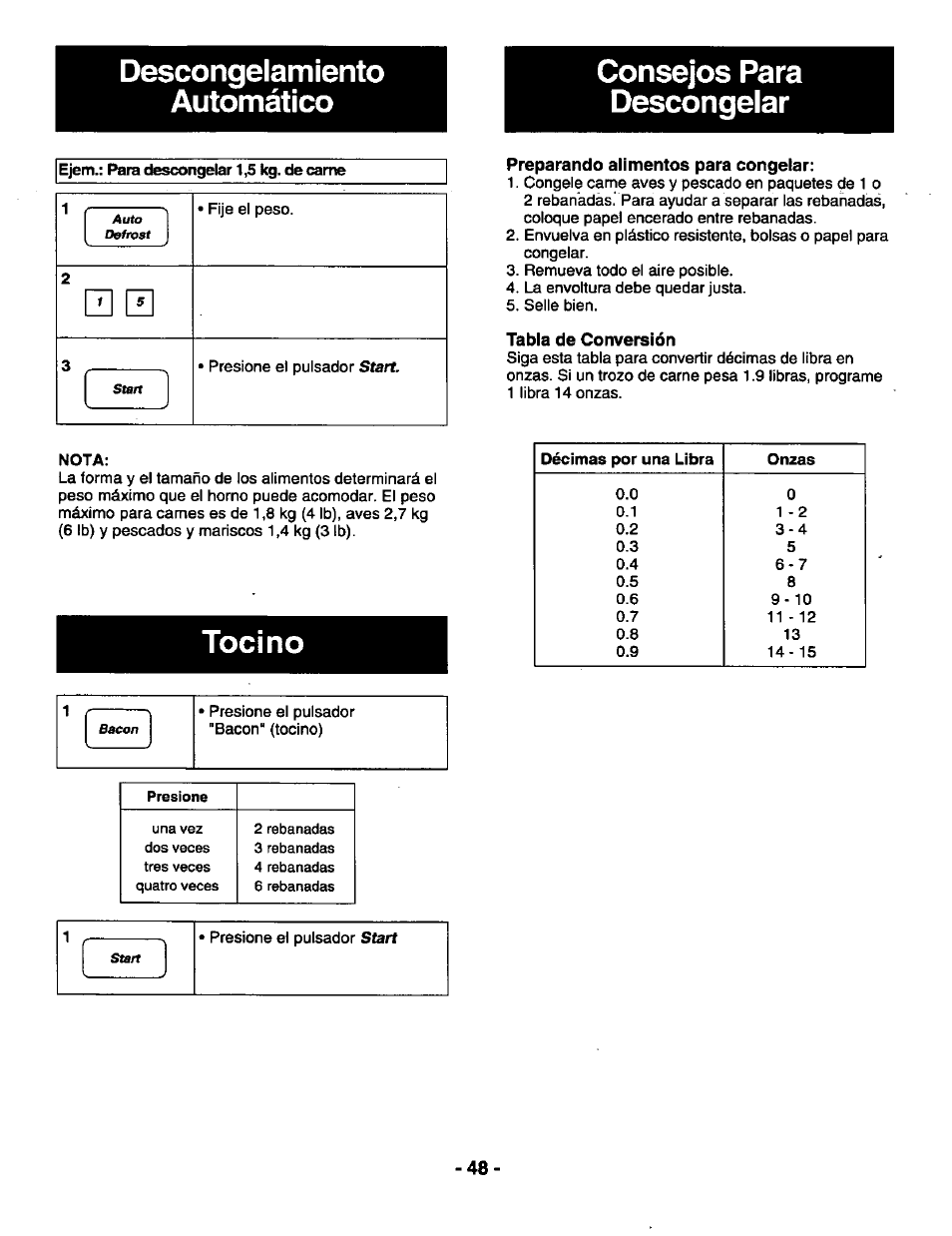 Descongelamiento, Automático, Consejos para descongelar | Preparando alimentos para congelar, Tabla de conversión, Tocino | Panasonic THE GENIUS NN-R687 User Manual | Page 50 / 56