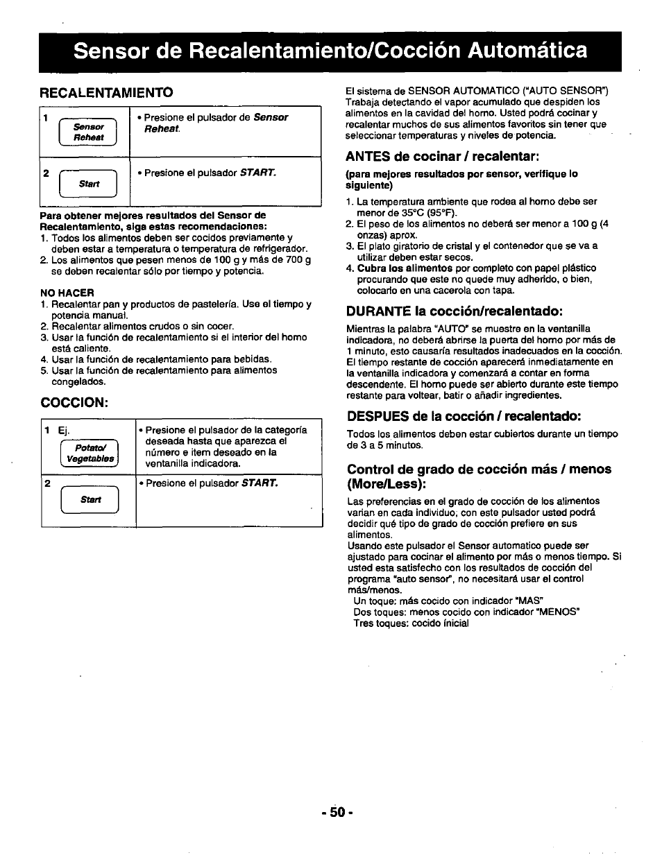 Sensor de recalentamiento/cocción automática, Coccion, Antes de cocinar / recalentar | Durante la cocción/recalentado, Despues de la cocción / recalentado | Panasonic THE GENIUS NN-R687 User Manual | Page 52 / 56