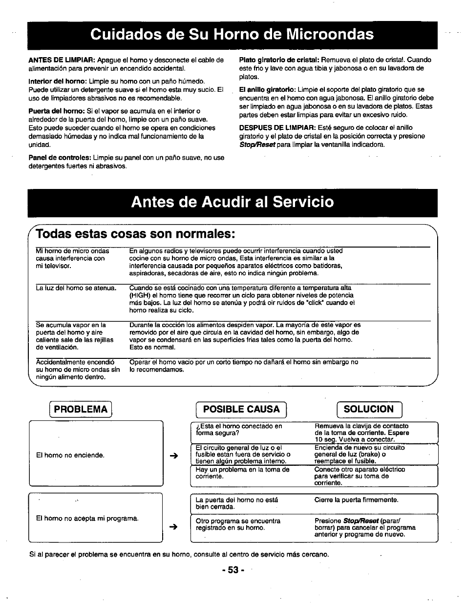 Cuidados de su horno de microondas, Antes de acudir al servicio, Todas estas cosas son normales | Panasonic THE GENIUS NN-R687 User Manual | Page 55 / 56