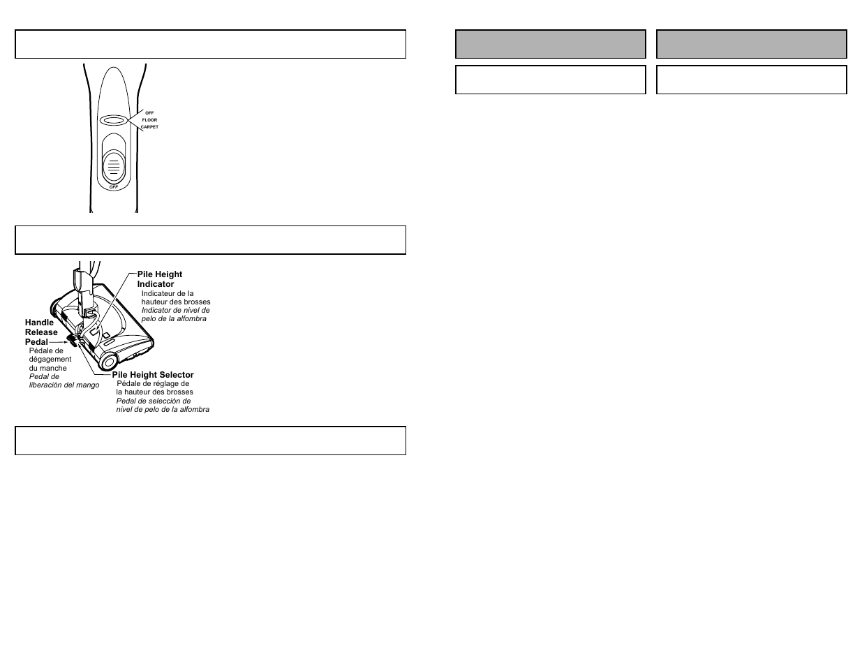 On-off switch, Handle adjustments, Suggested pile height settings | Handle adjustments suggested pile height settings, Entretien de l’aspirateur | Panasonic MC-V9658 User Manual | Page 24 / 56