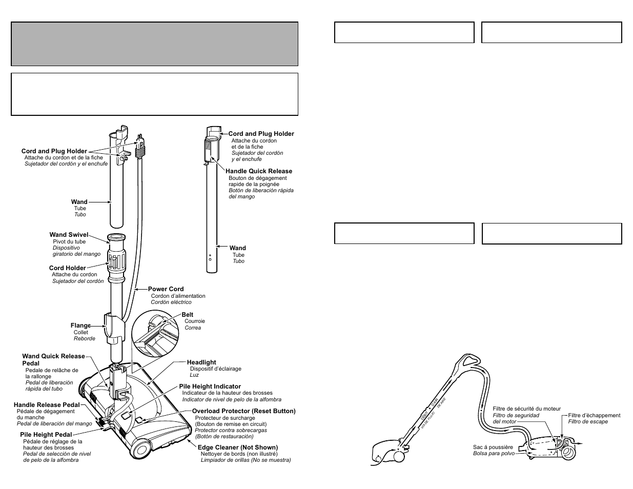 Remplacement de l'ampoule de la lampe, Degagement des obstructions, Cambio de la bombilla | Quitar de los residuos de basura en los conductos, Parts identification, Power nozzle | Panasonic MC-V9658 User Manual | Page 47 / 56