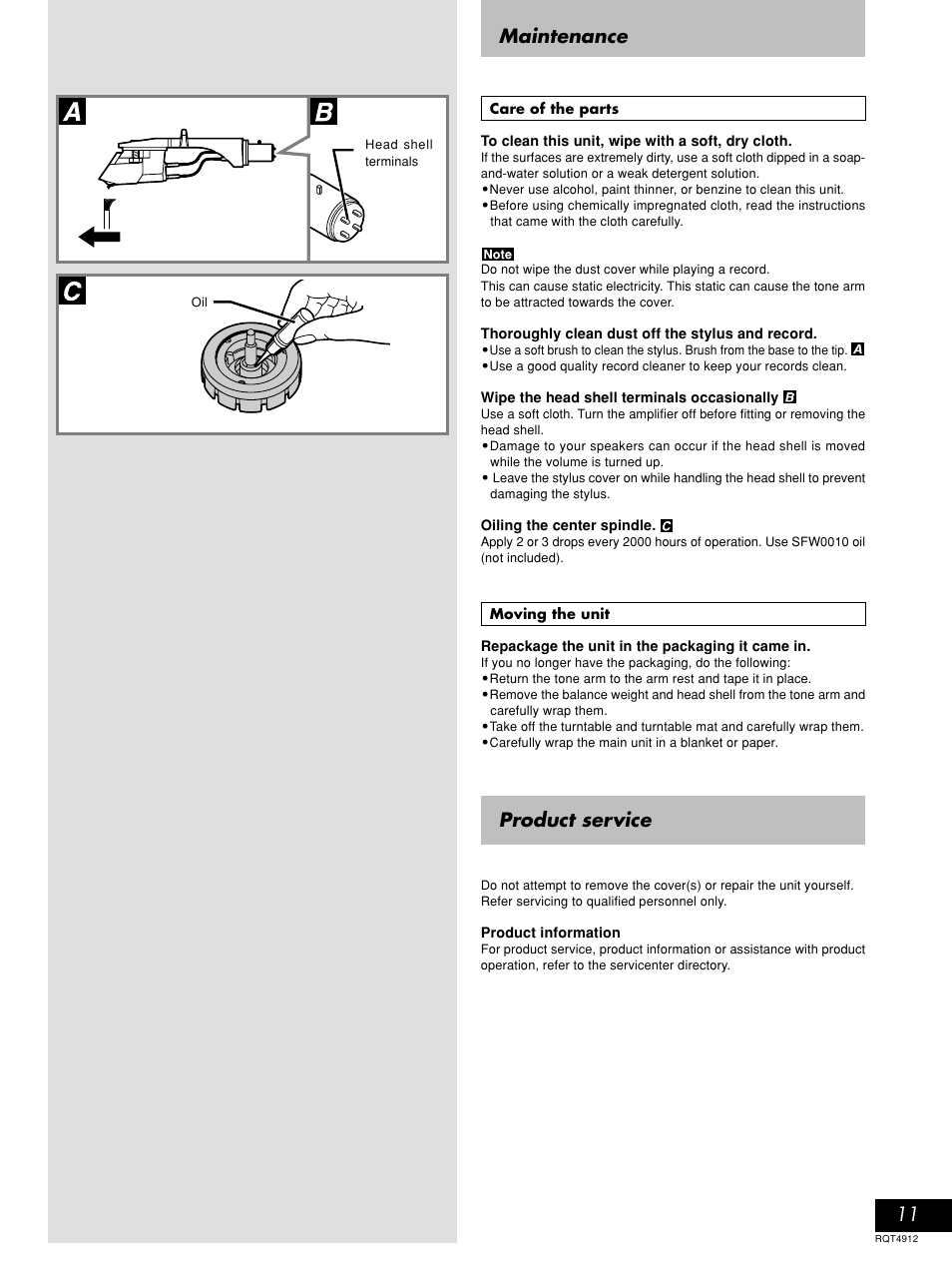 Maintenance, Product service | Panasonic RQT4912-2P User Manual | Page 11 / 12