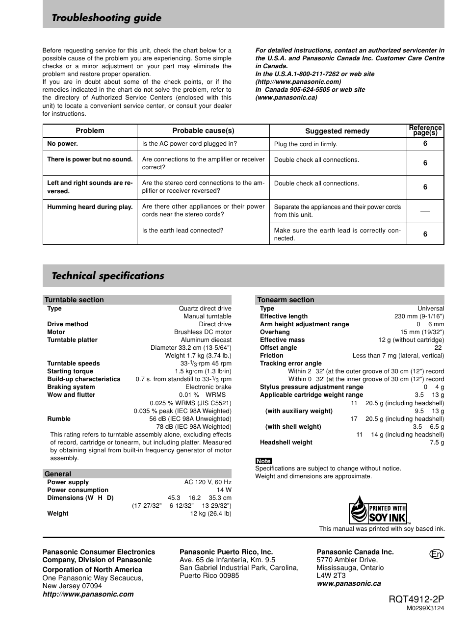 Troubleshooting guide, Technical specifications | Panasonic RQT4912-2P User Manual | Page 12 / 12