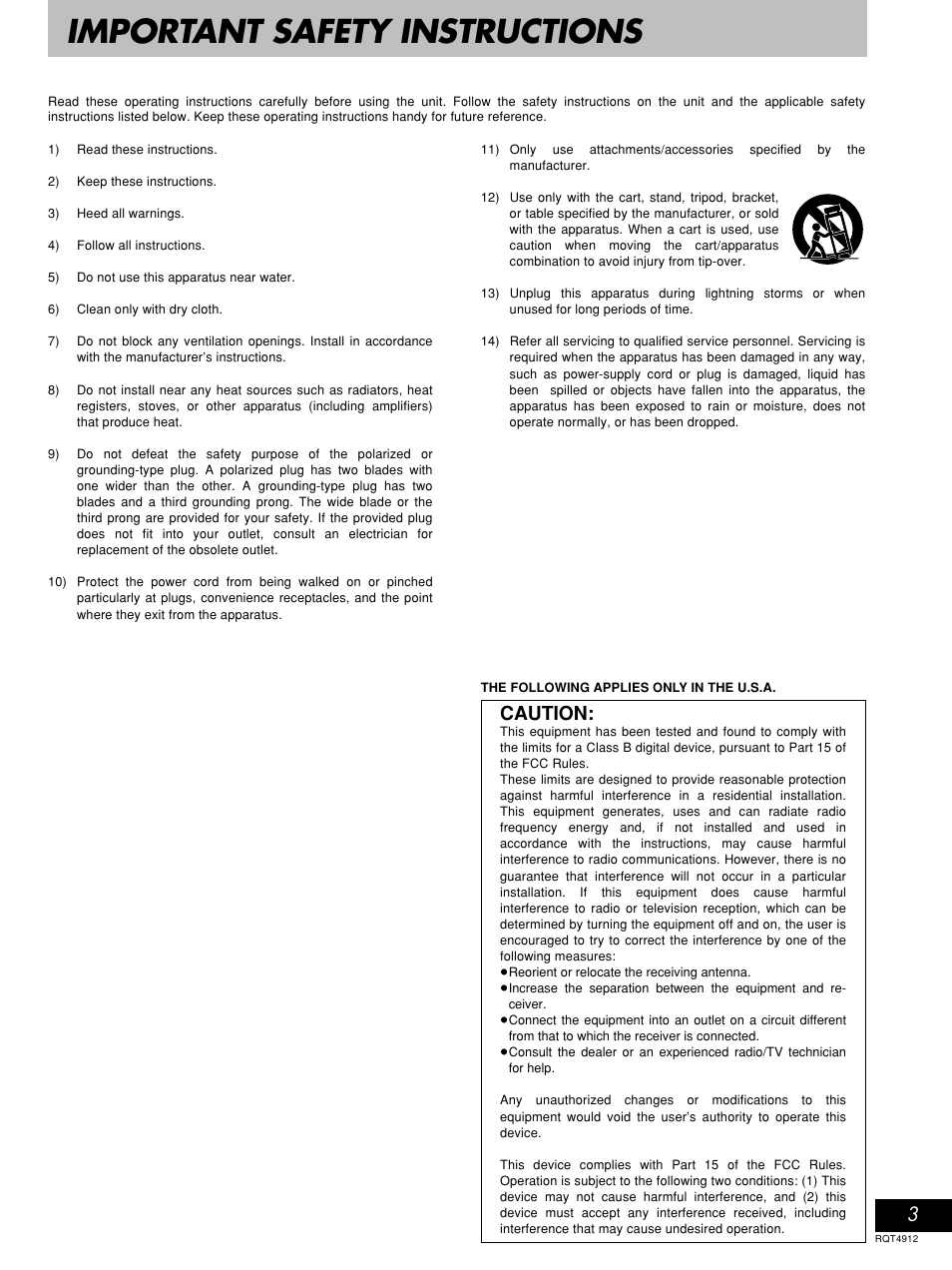 Important safety instructions, Caution | Panasonic RQT4912-2P User Manual | Page 3 / 12