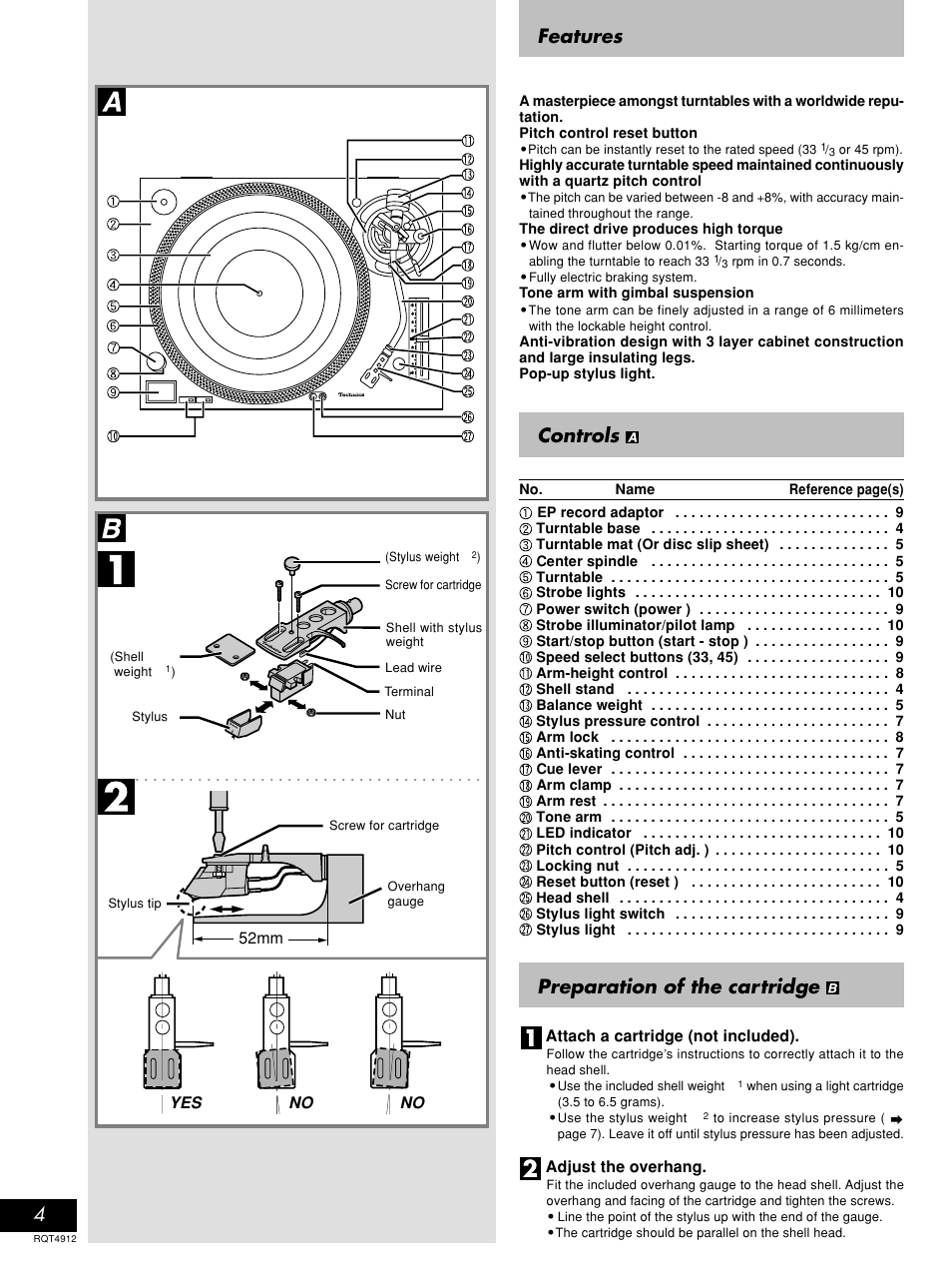 Features, Controls, Preparation of the cartridge | Attach a cartridge (not included), Adjust the overhang, 52mm, Yes no no | Panasonic RQT4912-2P User Manual | Page 4 / 12