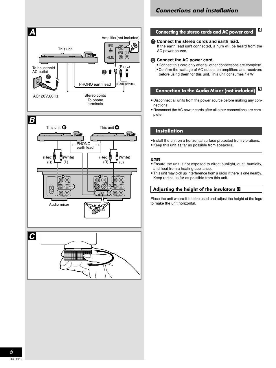 Connections and installation, Connecting the stereo cords and ac power cord, Connection to the audio mixer (not included) | Installation | Panasonic RQT4912-2P User Manual | Page 6 / 12