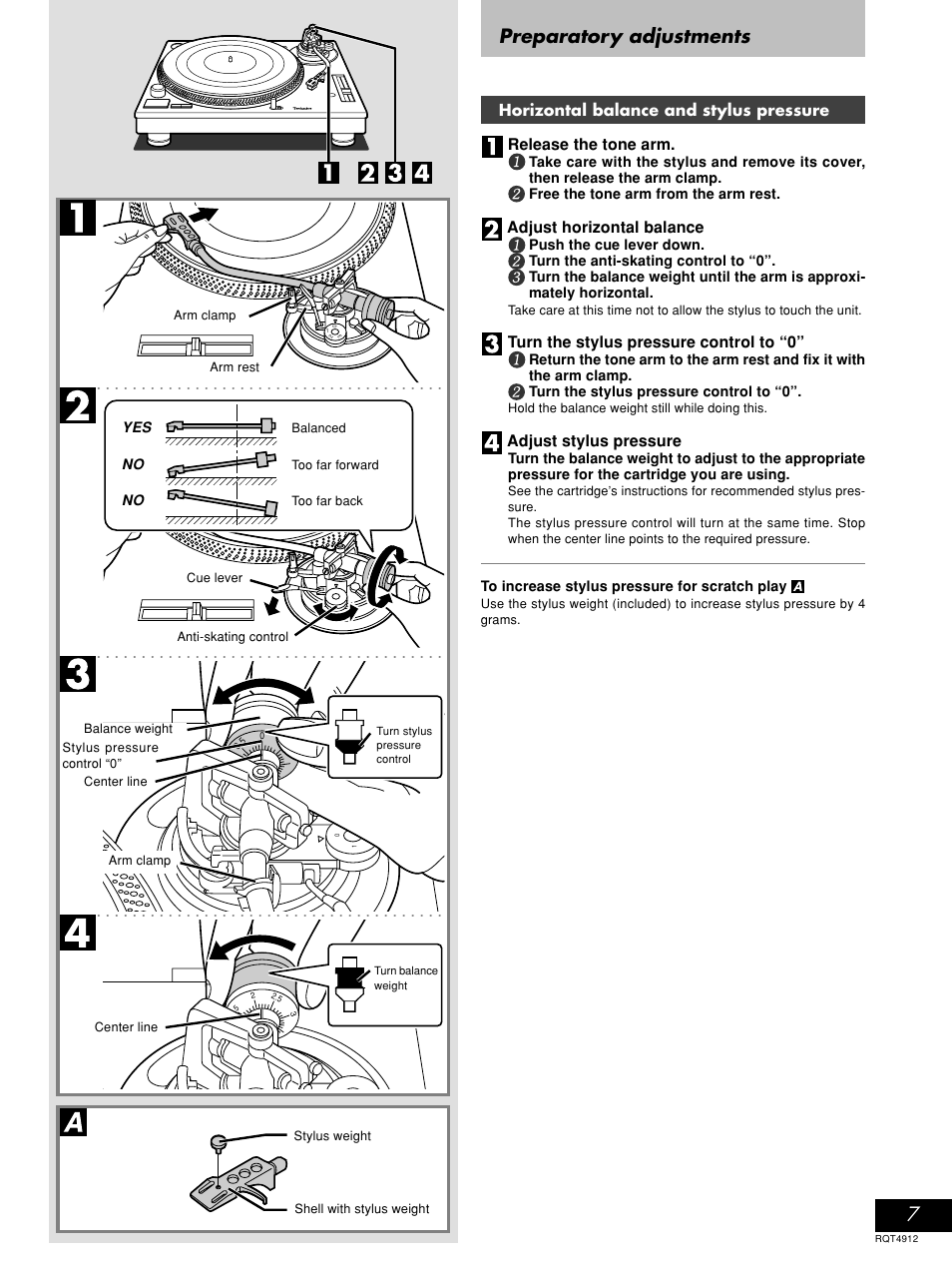 Preparatory adjustments, Adjust horizontal balance, Turn the stylus pressure control to “0 | Adjust stylus pressure | Panasonic RQT4912-2P User Manual | Page 7 / 12