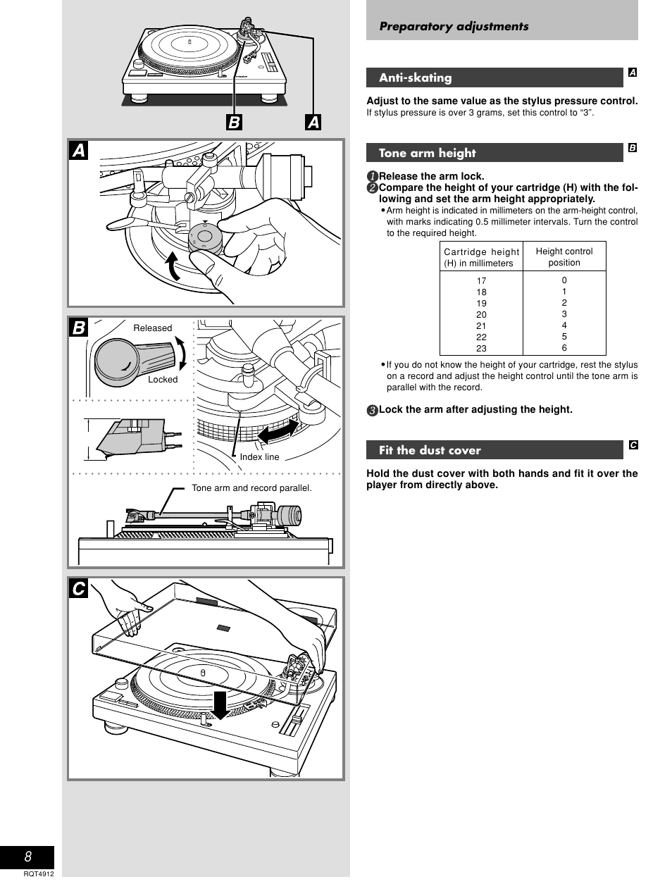 Preparatory adjustments anti-skating, Tone arm height, Fit the dust cover | Panasonic RQT4912-2P User Manual | Page 8 / 12