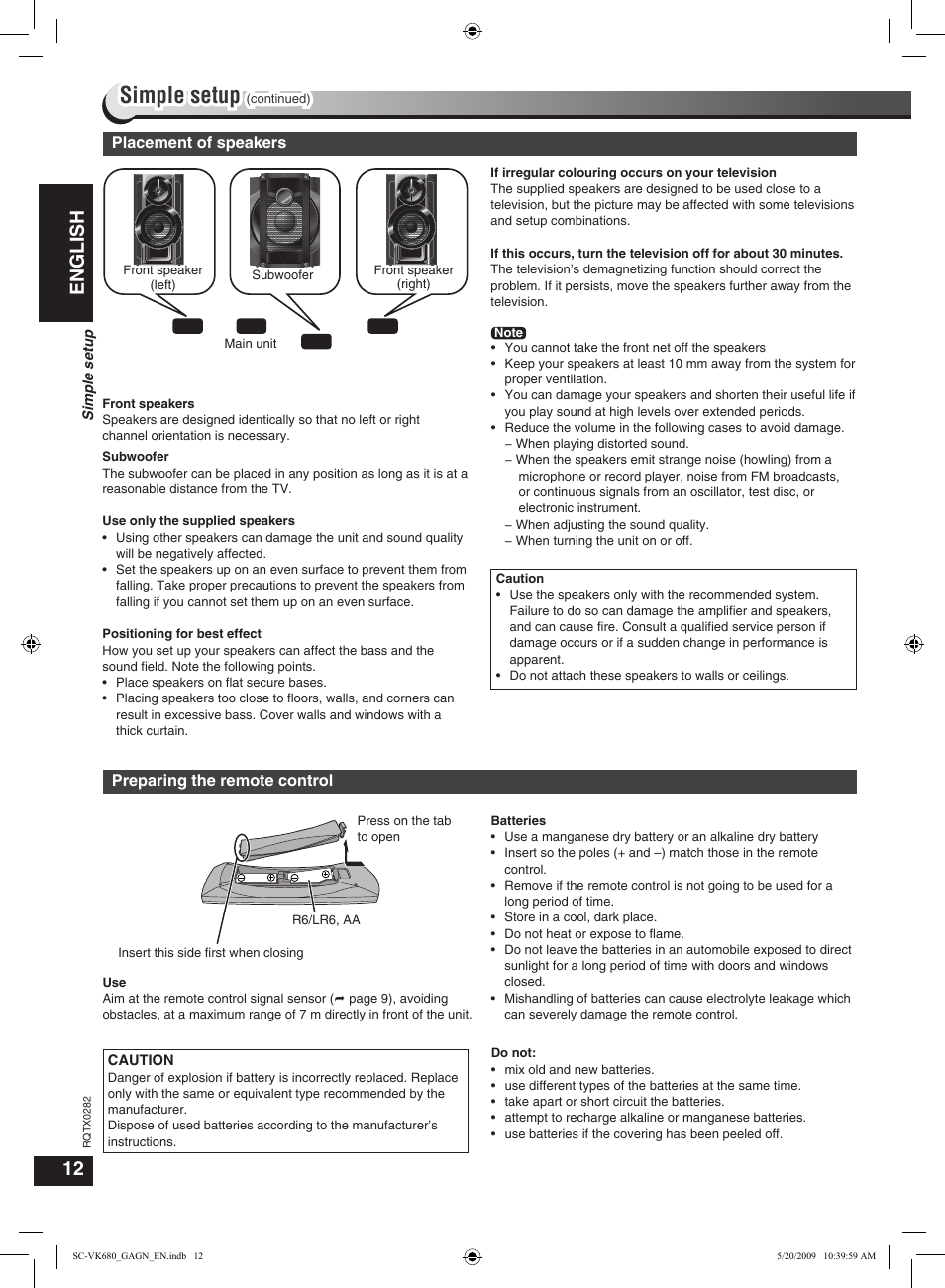 Simple setup, English | Panasonic SC-VK680 User Manual | Page 12 / 40