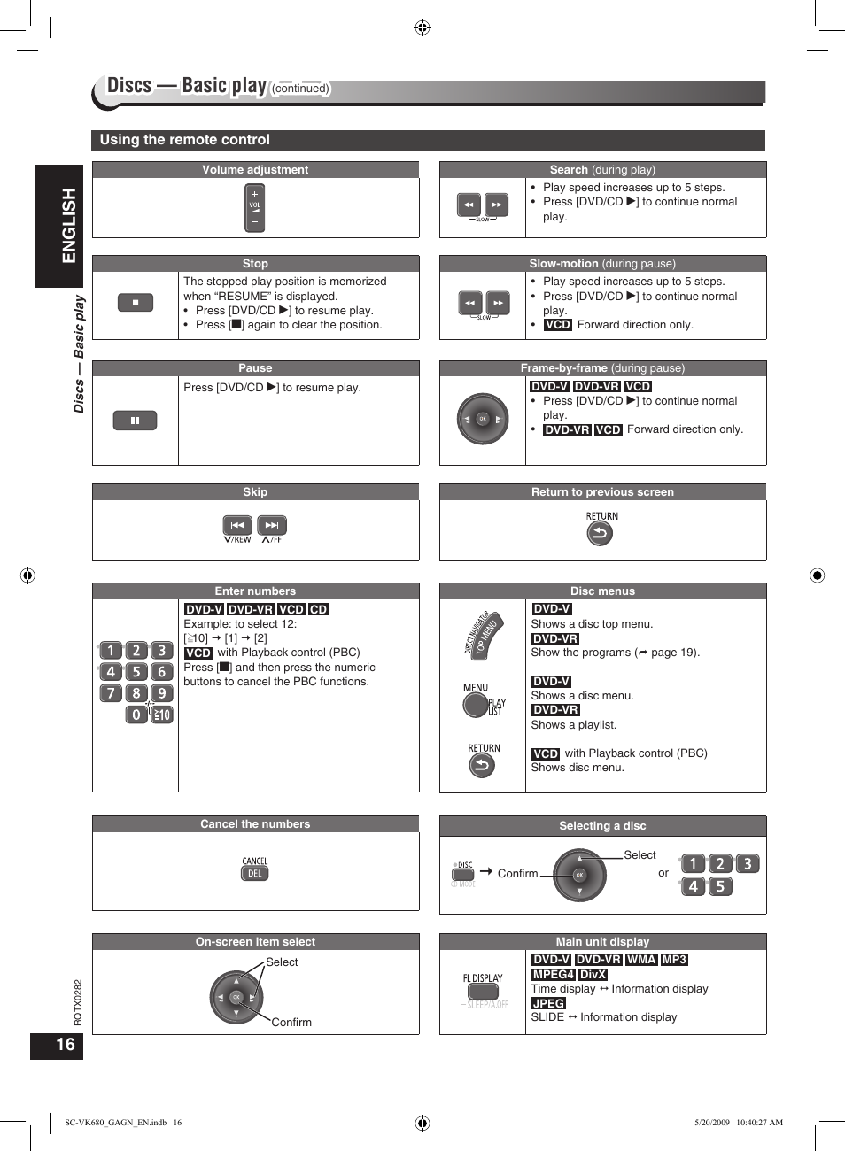 Discs — convenient functions, Discs — basic play, English | Panasonic SC-VK680 User Manual | Page 16 / 40