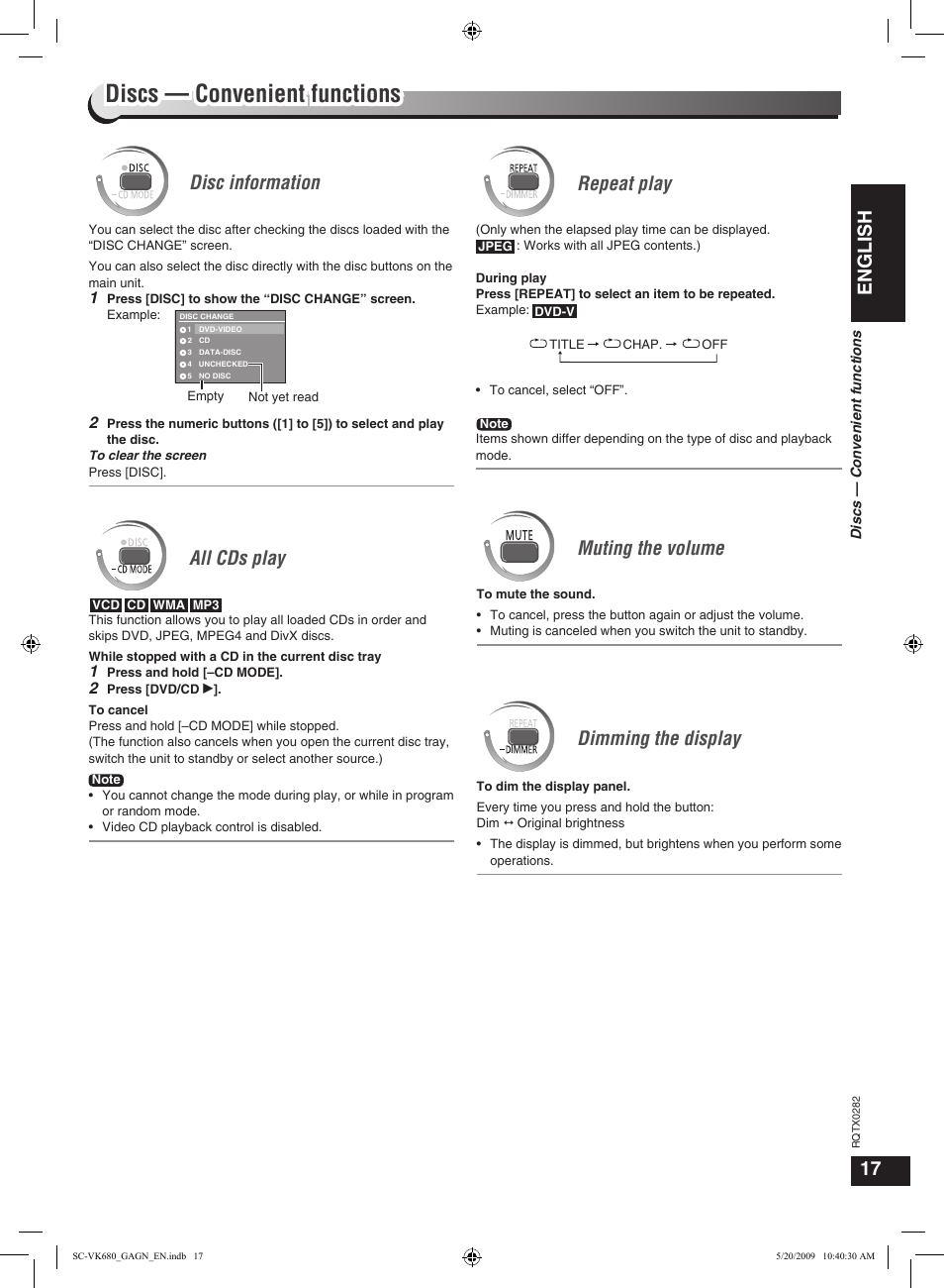 Discs — convenient functions, Discs — basic play, English | Disc information, All cds play, Repeat play, Muting the volume dimming the display | Panasonic SC-VK680 User Manual | Page 17 / 40