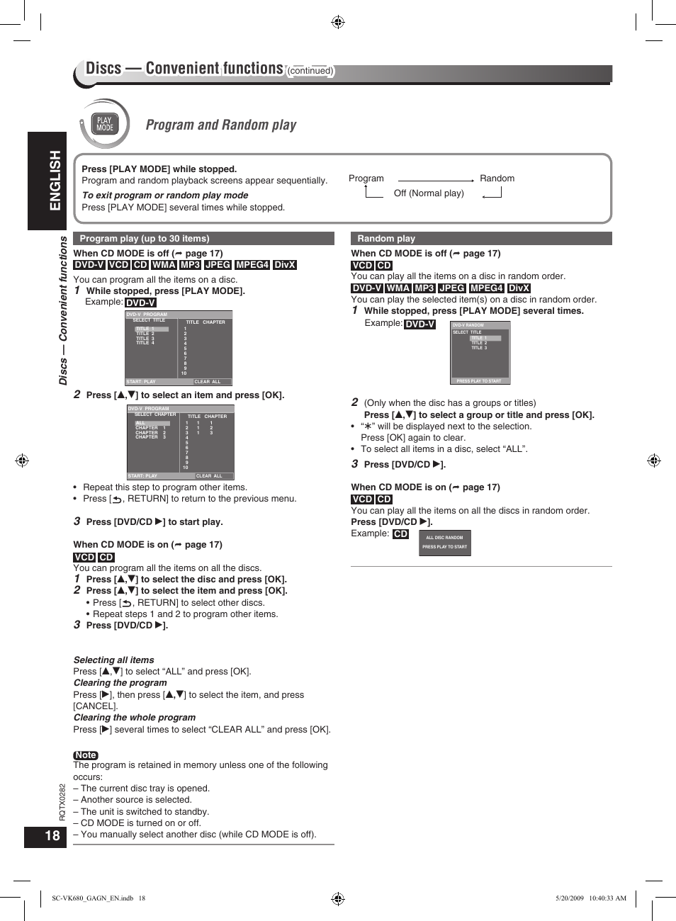 Discs — using navigation menus, Discs — convenient functions, English | Program and random play | Panasonic SC-VK680 User Manual | Page 18 / 40