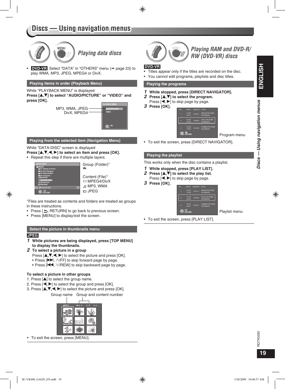 Discs — convenient functions, English, Playing data discs | Playing ram and dvd-r/ rw (dvd-vr) discs, Discs — using navigation menus | Panasonic SC-VK680 User Manual | Page 19 / 40