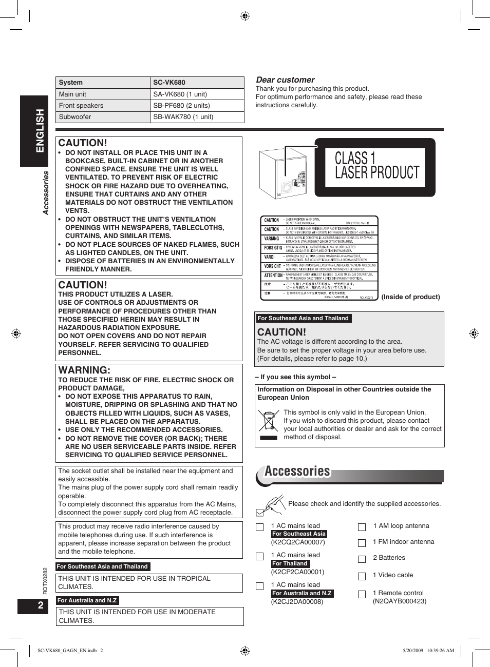 Accessories, English, Caution | Warning | Panasonic SC-VK680 User Manual | Page 2 / 40