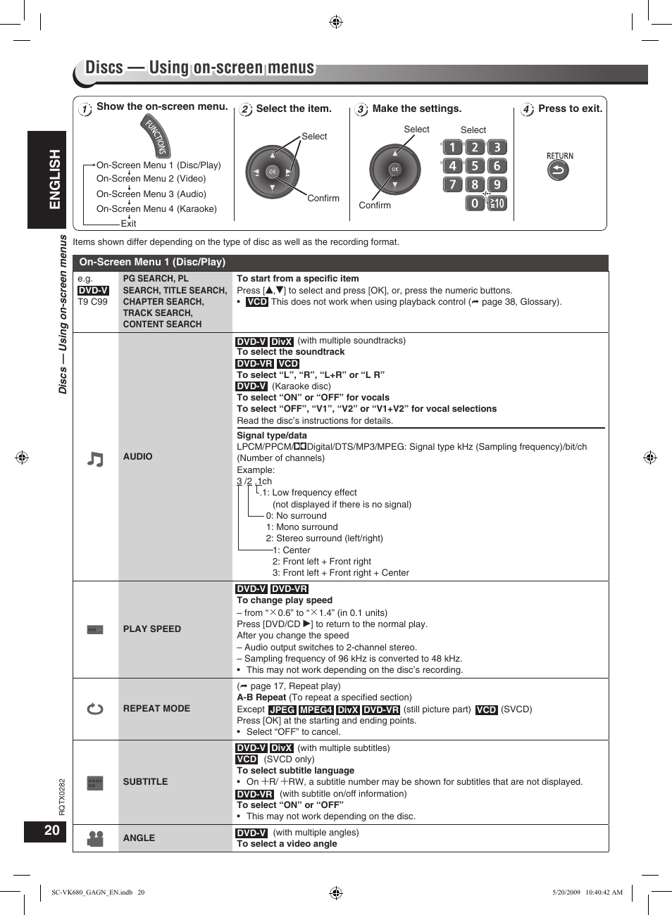 Discs — using on-screen menus, English | Panasonic SC-VK680 User Manual | Page 20 / 40