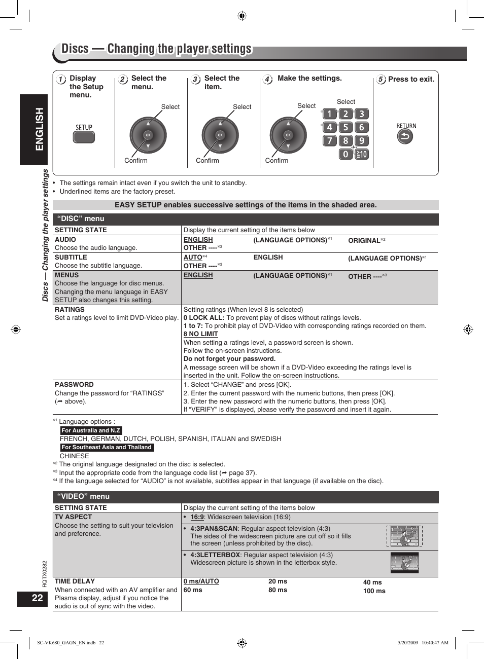 Discs — changing the player settings, English | Panasonic SC-VK680 User Manual | Page 22 / 40