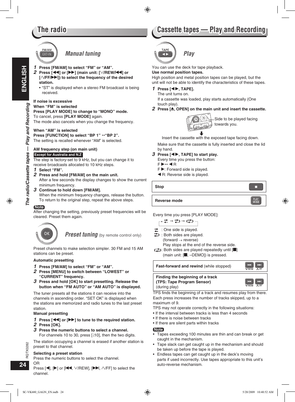 Cassette tapes — play and recording the radio, English, Manual tuning | Preset tuning, Play | Panasonic SC-VK680 User Manual | Page 24 / 40