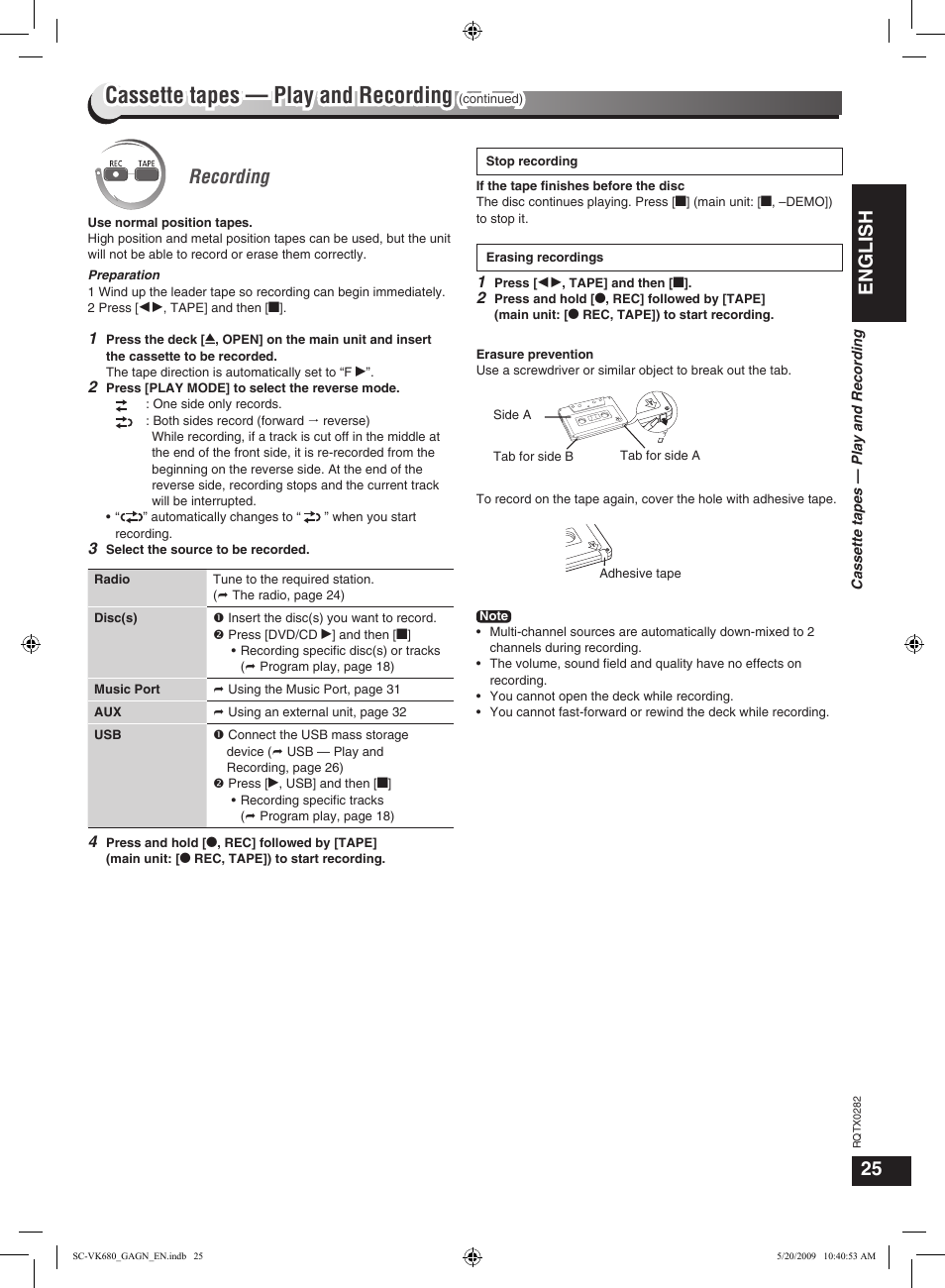 Cassette tapes — play and recording, English, Recording | Panasonic SC-VK680 User Manual | Page 25 / 40