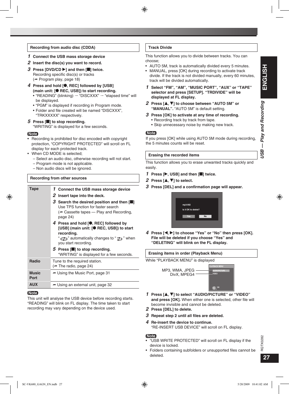Usb — play and recording, English | Panasonic SC-VK680 User Manual | Page 27 / 40