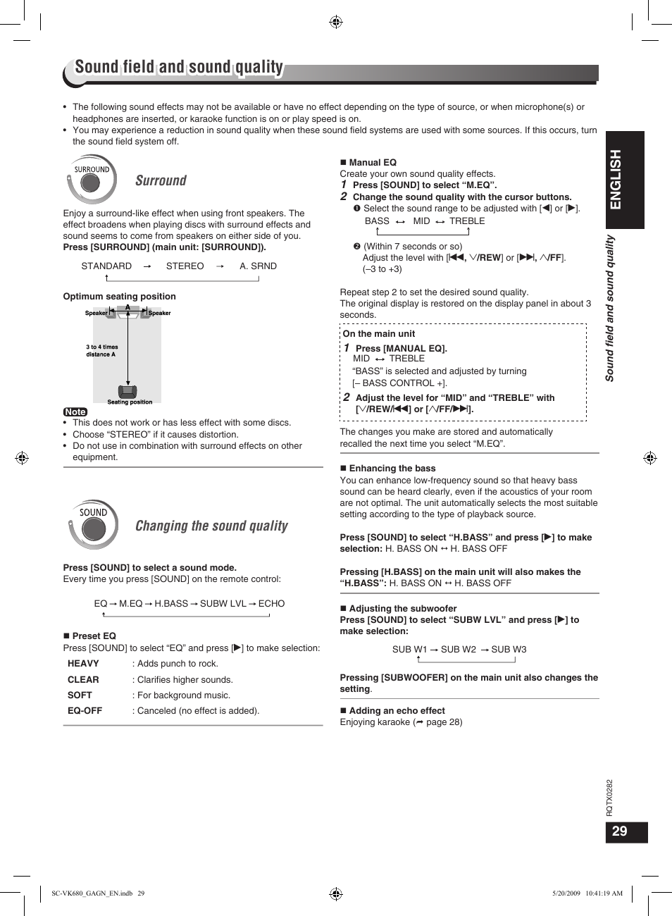 Sound field and sound quality, English, Changing the sound quality | Surround | Panasonic SC-VK680 User Manual | Page 29 / 40