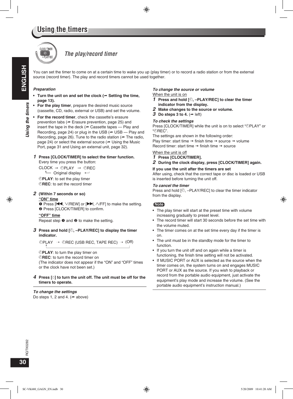 Using the timers, English, The play/record timer 30 | Panasonic SC-VK680 User Manual | Page 30 / 40