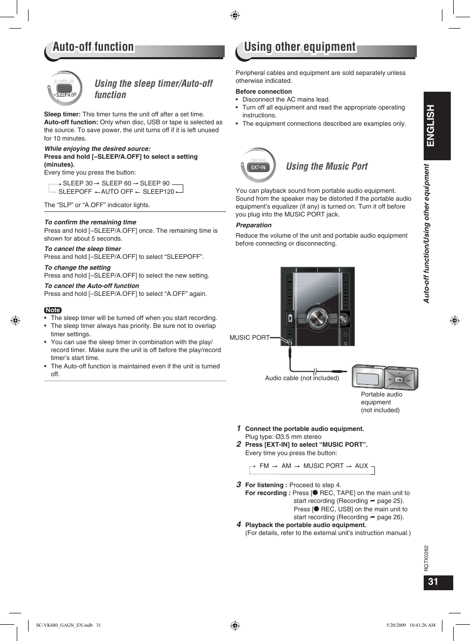 Using other equipment, Auto-off function, English | Using the music port, Using the sleep timer/auto-off function | Panasonic SC-VK680 User Manual | Page 31 / 40