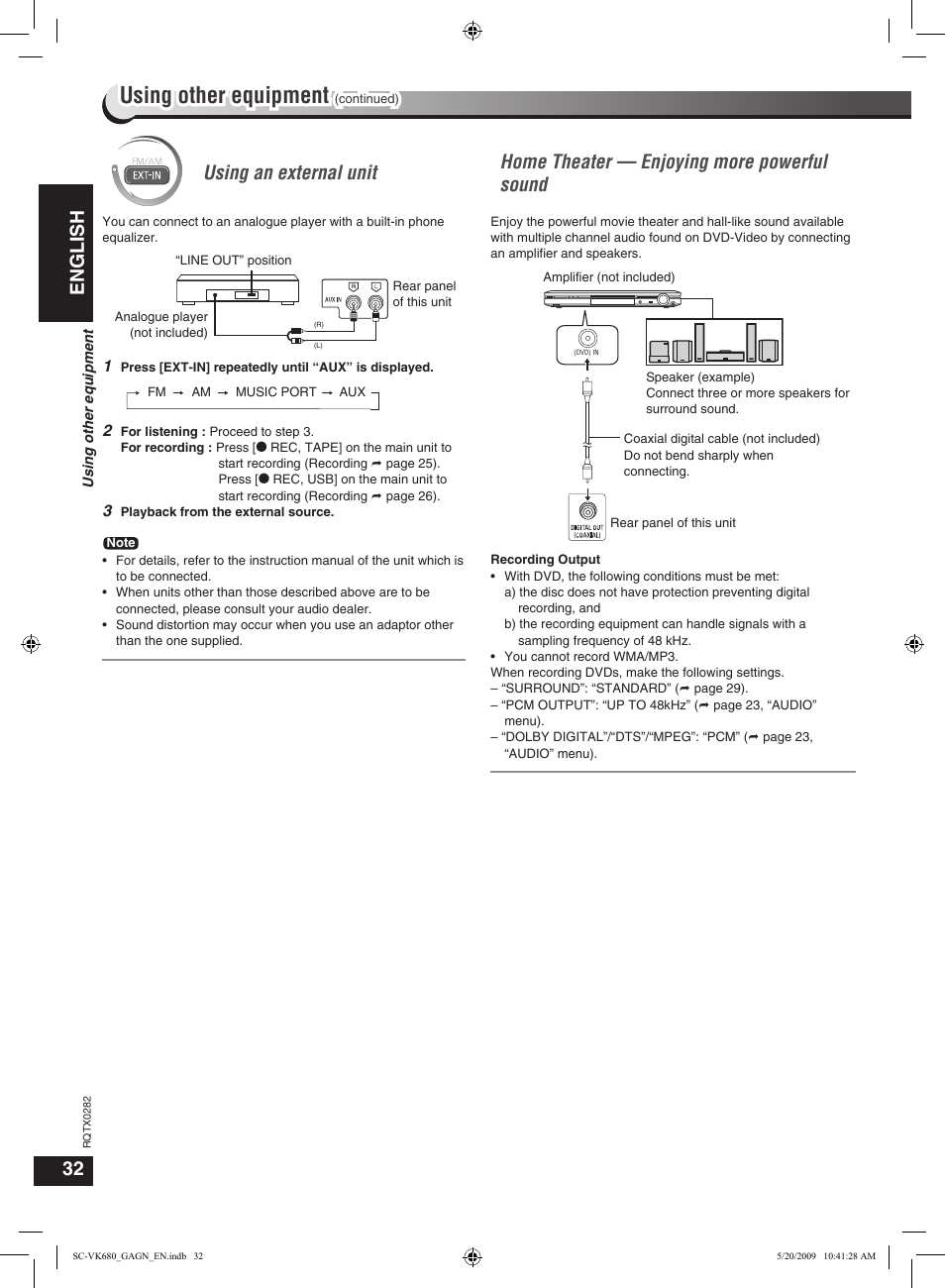 Using other equipment, English, Using an external unit | Home theater — enjoying more powerful sound 32 | Panasonic SC-VK680 User Manual | Page 32 / 40