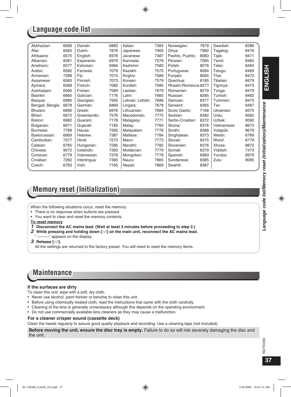 Maintenance, English | Panasonic SC-VK680 User Manual | Page 37 / 40
