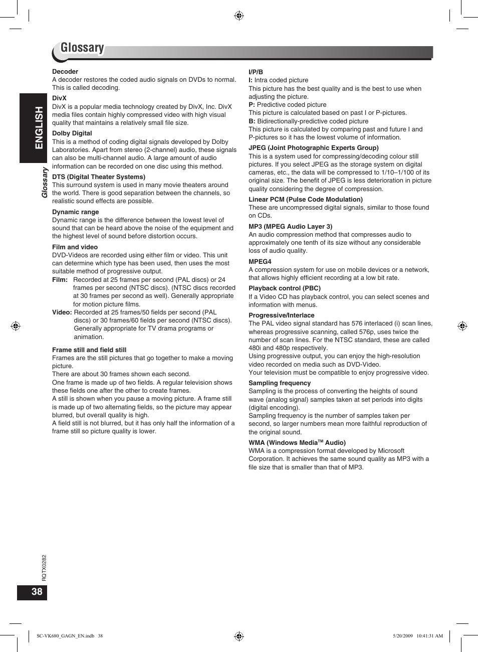 Glossary, English | Panasonic SC-VK680 User Manual | Page 38 / 40