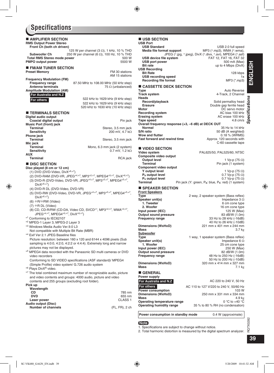 Specifications, English | Panasonic SC-VK680 User Manual | Page 39 / 40