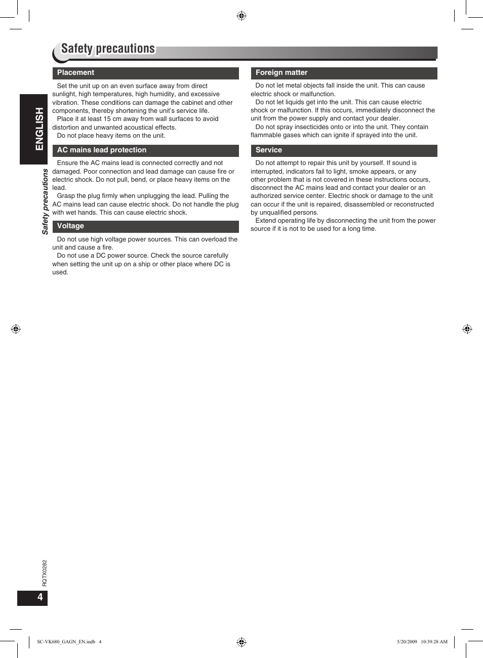 Safety precautions, English | Panasonic SC-VK680 User Manual | Page 4 / 40