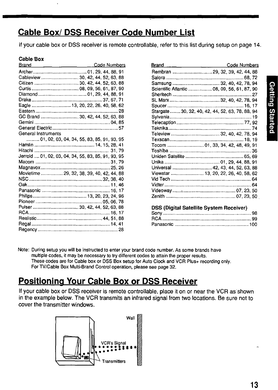 Cable box/ dss receiver code number list, Positioning your cable box or dss receiver | Panasonic OMNIVISION VHS PV-7662 User Manual | Page 13 / 40